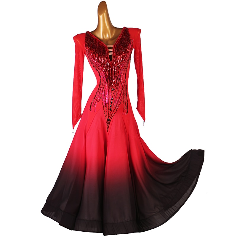 Ballroom Dance Dress Crystals / Rhinestones Sequins Women's Performance Training Long Sleeve Chiffon Chinlon Mesh2