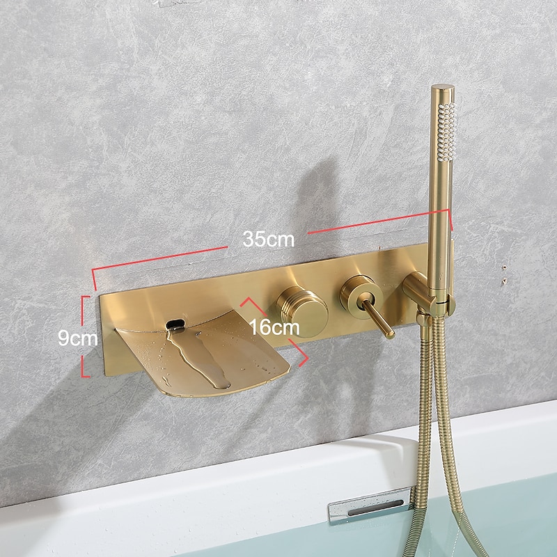Bathtub Faucet,Brass Brushed Gold/Black Wall Installation Waterfall Included Handshower of Spray Type Bath Shower Mixer Taps with Hot and Cold Water4