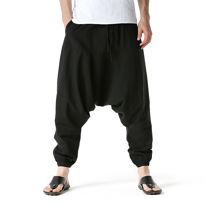 Men's Harem Linen Pants Trousers Summer Pants Baggy Pants Drawstring Drop Crotch Plain Full Length Casual Daily Ethnic Style Boho Loose Fit Black Navy Blue