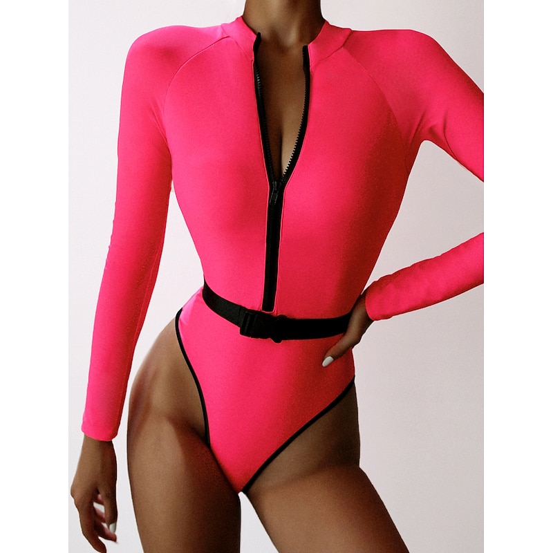Women's Rash guard Swimsuit One Piece Swimsuit UPF50+ Quick Dry Long Sleeve Bodysuit Bathing Suit Front Zip Swimming Surfing Beach Water Sports Spring Summer Autumn / Padded2
