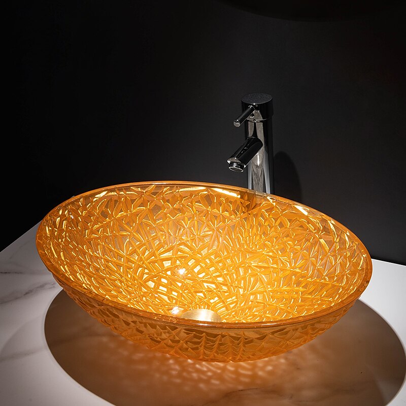 Modern Luxury Art Orange Oval Die Cast Glass Wash Basin With Faucet, Basin Holder And Drain2