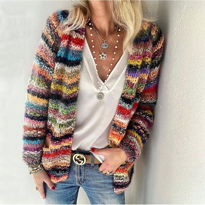 Women's Cardigan Casual Daily Multi Color Round Neck Printing Long Sleeve Knit Daily Spring Fall