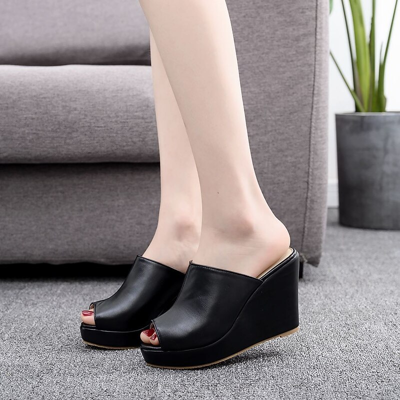 Women's Black Open - Toe Platform Wedge Mules, Slip - On Peep - Toe Design for Stylish Summer Casual Wear2