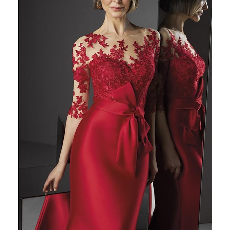 Mermaid Mother of the Bride Evening Gown Elegant Dress Engagement Floor Length 3/4 Length Sleeve Illusion Neck Fall Wedding Guest Satin with Appliques3