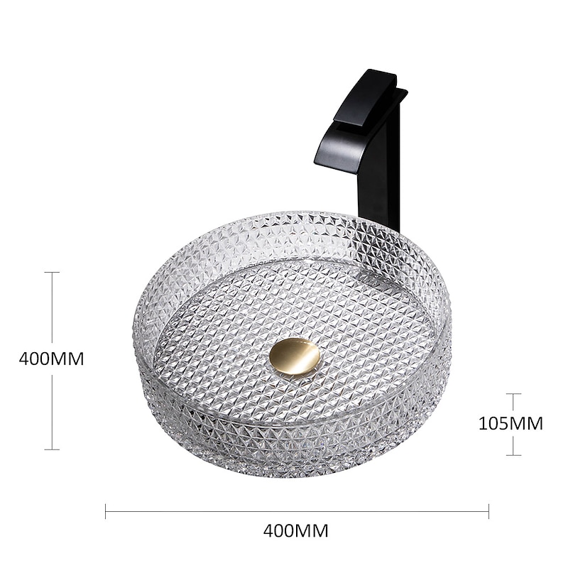 Bathroom Vessel Sink with Black Faucet, Modern Clear Tempered Glass Basin with Pop-Up Drain, Artistic Round Basin Bowl Set, Above Counter Vanity Sink2