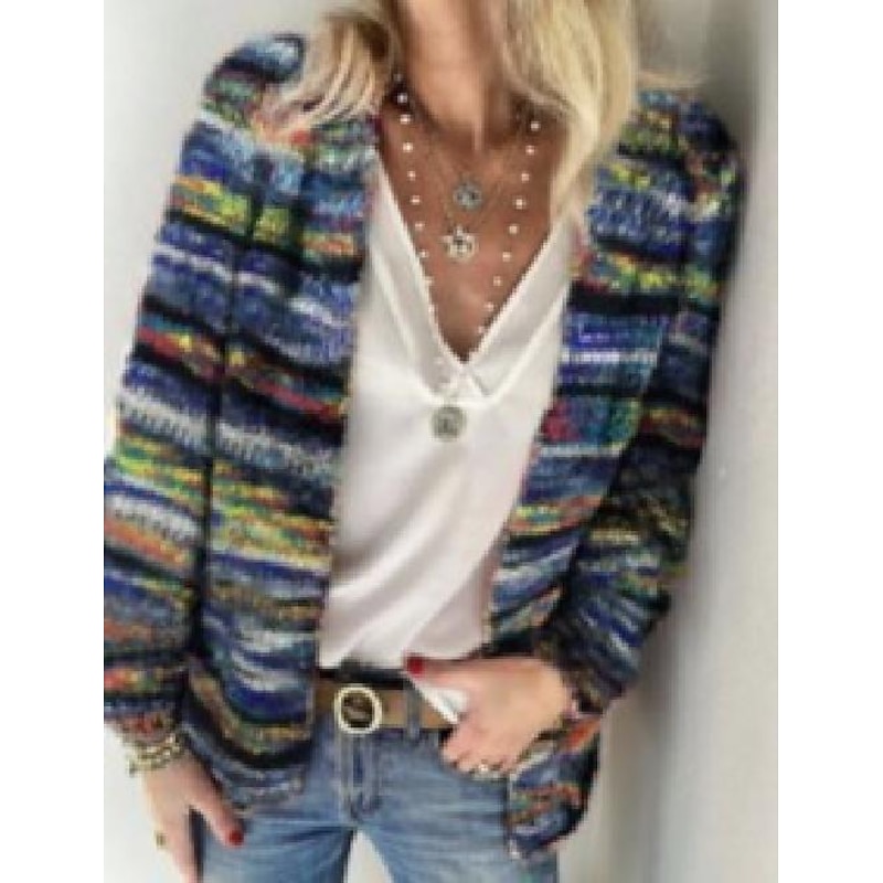 Women's Cardigan Casual Daily Multi Color Round Neck Printing Long Sleeve Knit Daily Spring Fall3