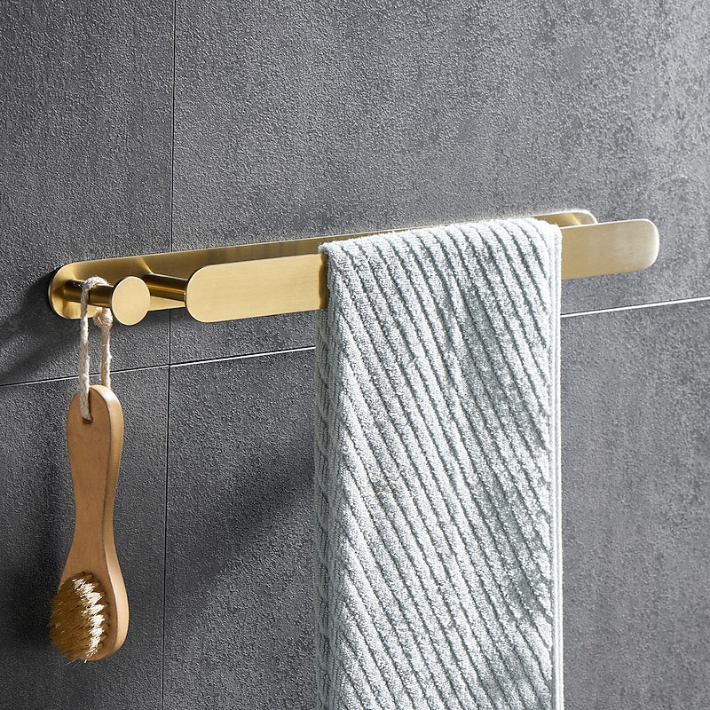 Golden Multifunctional Towel Bar with Hook 304 Stainless Steel Electroplated, 40cm, Brushed Gold, Bathroom and Kitchen Shelf Punch-free3