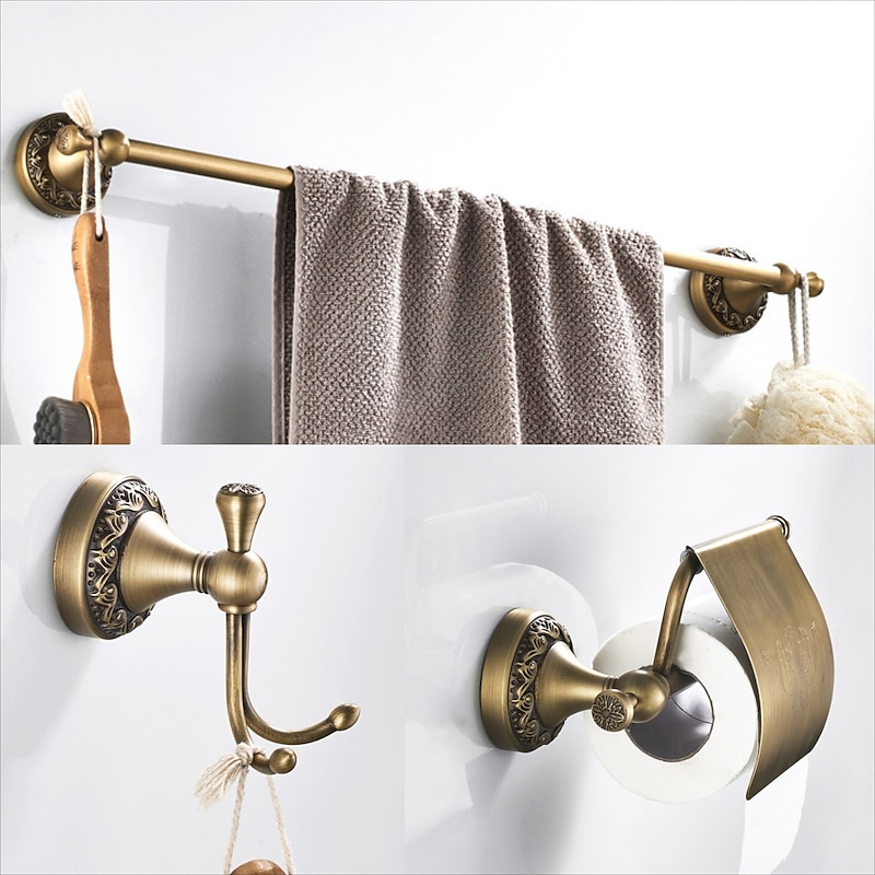 Golden Brushed Brass Towel Holder Bathroom Accessory Towel Ring/Toilet Paper Holder/Robe Hook Antique Brass Bathroom Single Rod Wall Mounted Carved Design4