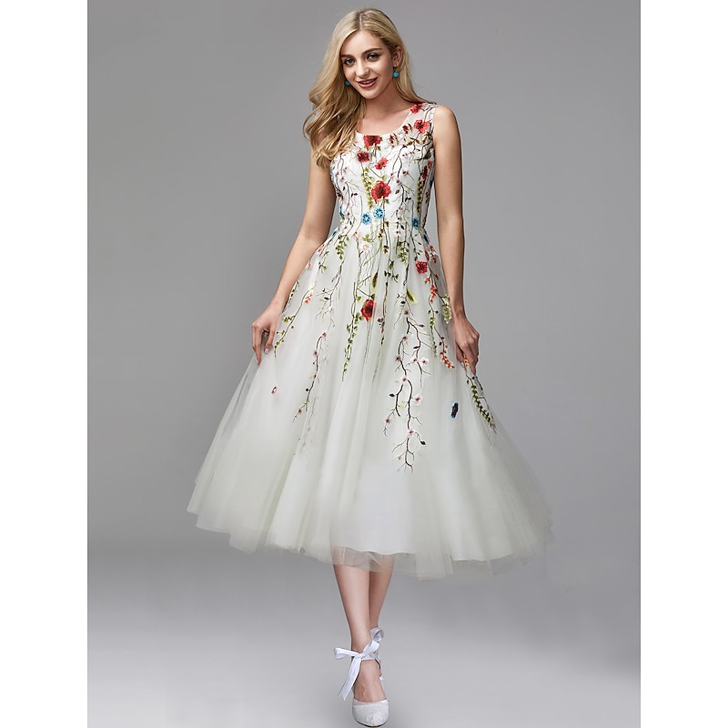 A-Line Prom Dresses Elegant Dress Wedding Guest Engagement Tea Length Sleeveless Jewel Neck Chiffon with Lace Insert Appliques