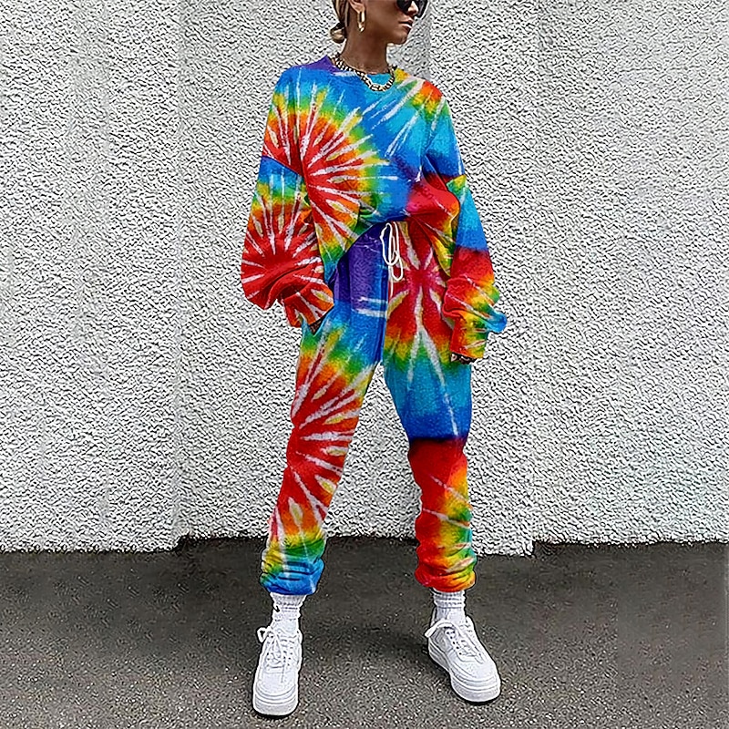 Women's Streetwear Basic T Shirt Tracksuit Pants Sets Long Sleeve Crew Neck Tie Dye Drawstring Print Vacation Casual Daily Red Blue Green Fall & Winter Loose Fit