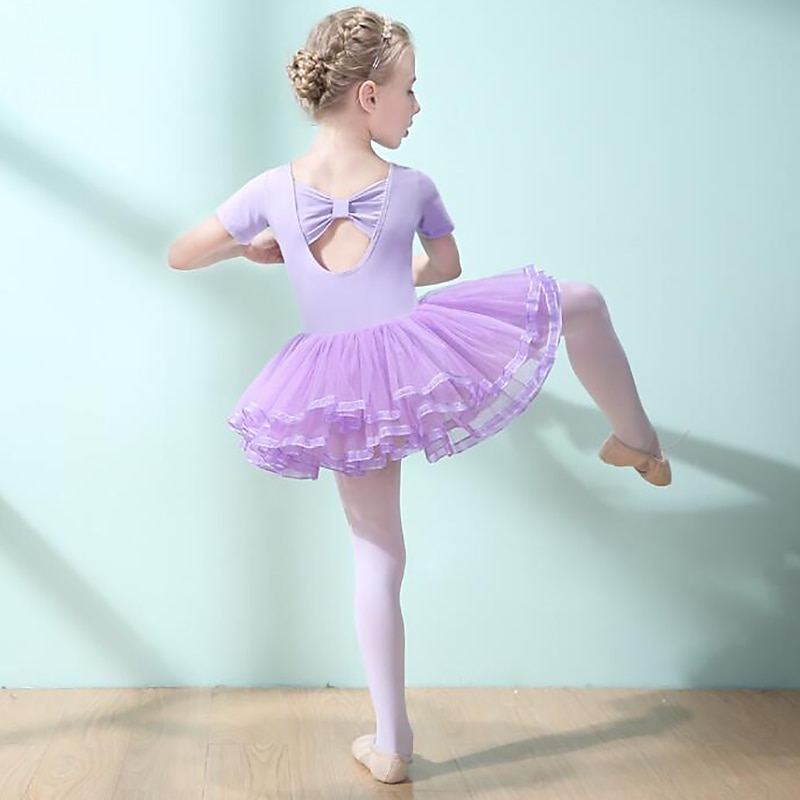 Breathable Ballet Dress Bowknot Pleats Solid Girls' Training Performance Short Sleeve High Cotton Blend Mesh3