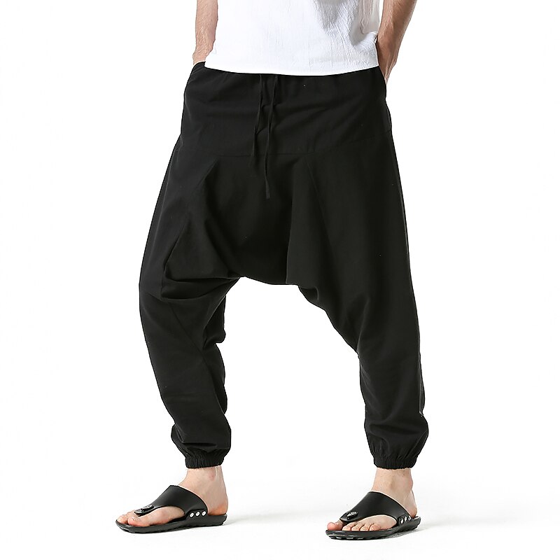 Men's Harem Linen Pants Trousers Summer Pants Baggy Pants Drawstring Drop Crotch Plain Full Length Casual Daily Ethnic Style Boho Loose Fit Black Navy Blue4