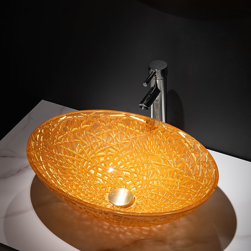 Modern Luxury Art Orange Oval Die Cast Glass Wash Basin With Faucet, Basin Holder And Drain4