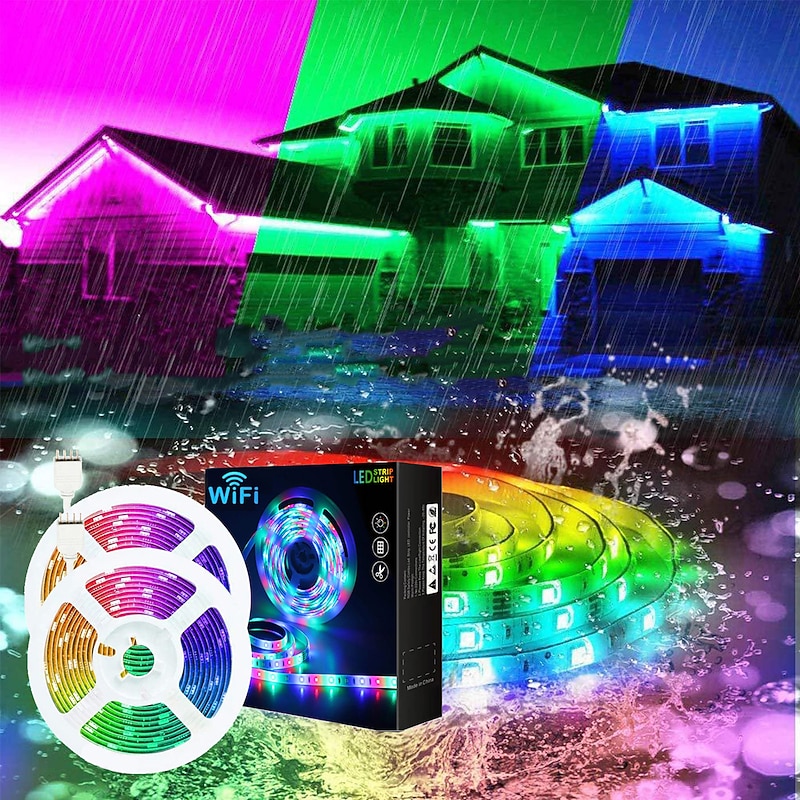 Smart SMD 5050 LED Strip Light WIFI App RGB Control Music Sync Work with Alexa Google 2x7.5M 50ft Colour Changing Home Kitchen TV Party with 24-Key Remote Sensitive Built-in Mic DC12V