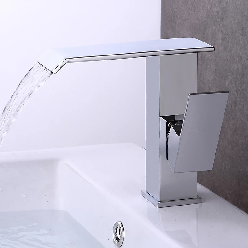 Modern Style Brass Waterfall Bathroom Sink Faucet,White Chrome Electroplated Single Handle One Hole Bath Taps with Hot and Cold Switch2