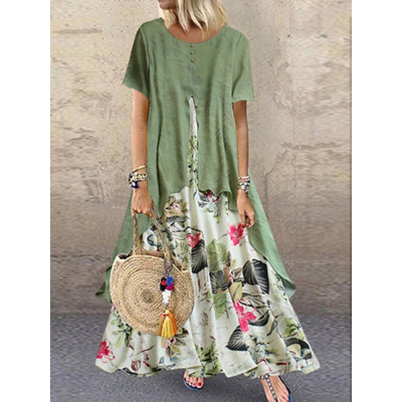 Women's Casual Dress Linen Dress Swing Dress Long Dress Maxi Dress Green Short Sleeve Floral Patchwork Summer Spring Crew Neck Fashion 2023 5XL