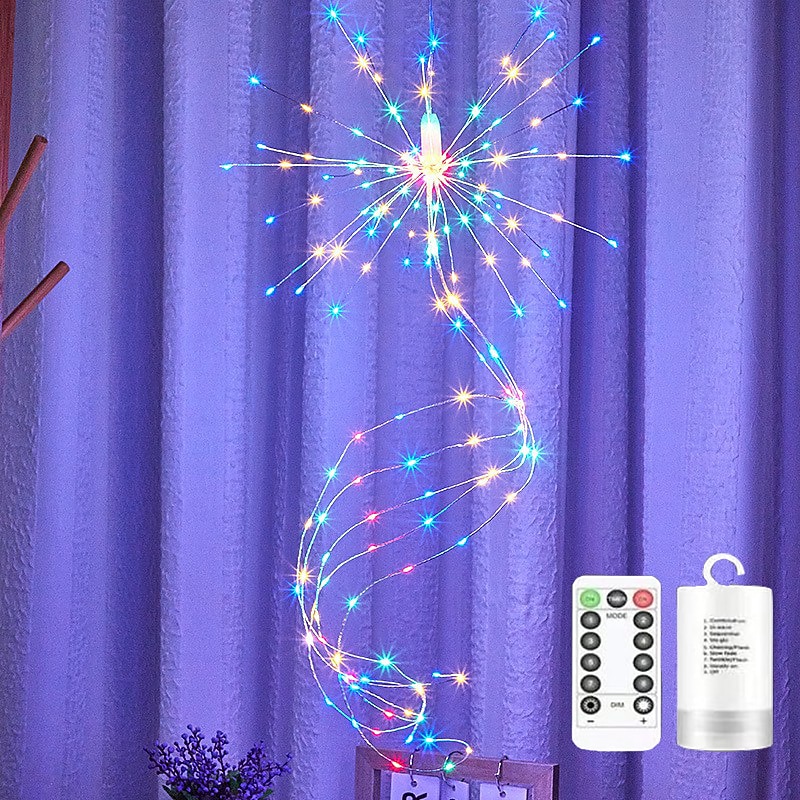 LED String Lights Hanging Starburst Firework Lights 200 LEDs Battery or USB Remote Control Operated Vine Branch Light Christmas Fairy String Light Foldable Garland Wedding Store Decoration Lamp