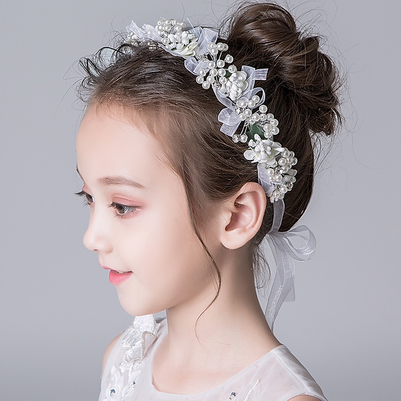 Cute Princess Wedding Headpiece Flower Wedding Hair Accessories Pearl Rhinestone Headband Bridal Wedding Tiaras for Flower Girl and Women2