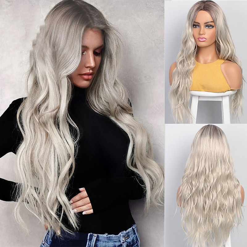 Gray Wigs for Women Synthetic Wigs Long Wavy Wigs for Women Natural Part Side Wig Heat Resistant Party Hair Ombre Blonde Wigs Brizilan Christmas Party Wigs