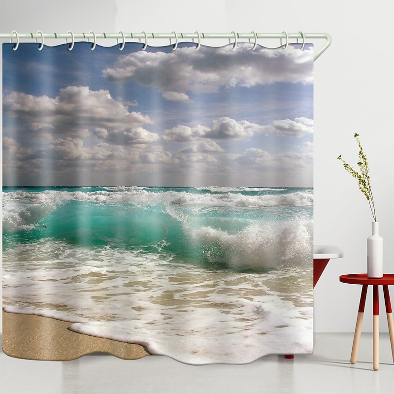 Shower Curtains with Hooks Waterproof 180cm*180cm(70"*70")White Clouds Waves Printing Modern Polyester4