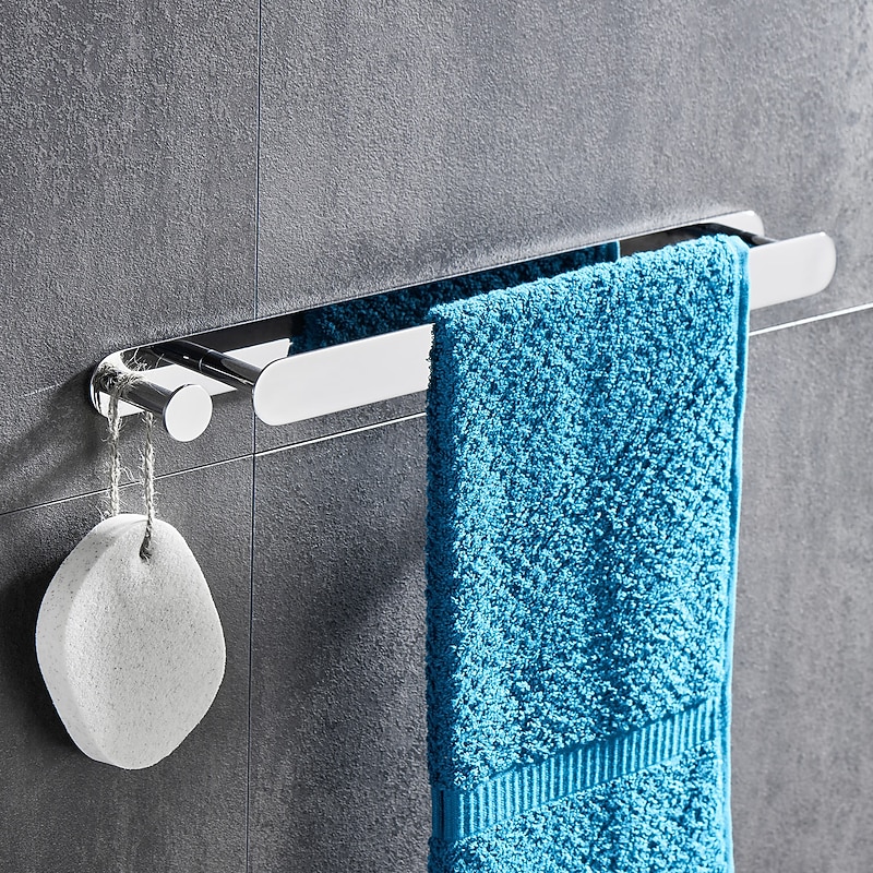 Multifunctional Towel Bar with Hook Stainless Steel Electroplated and Polished Finished Bathroom Shelf Self-adhesive Silvery 1pc3
