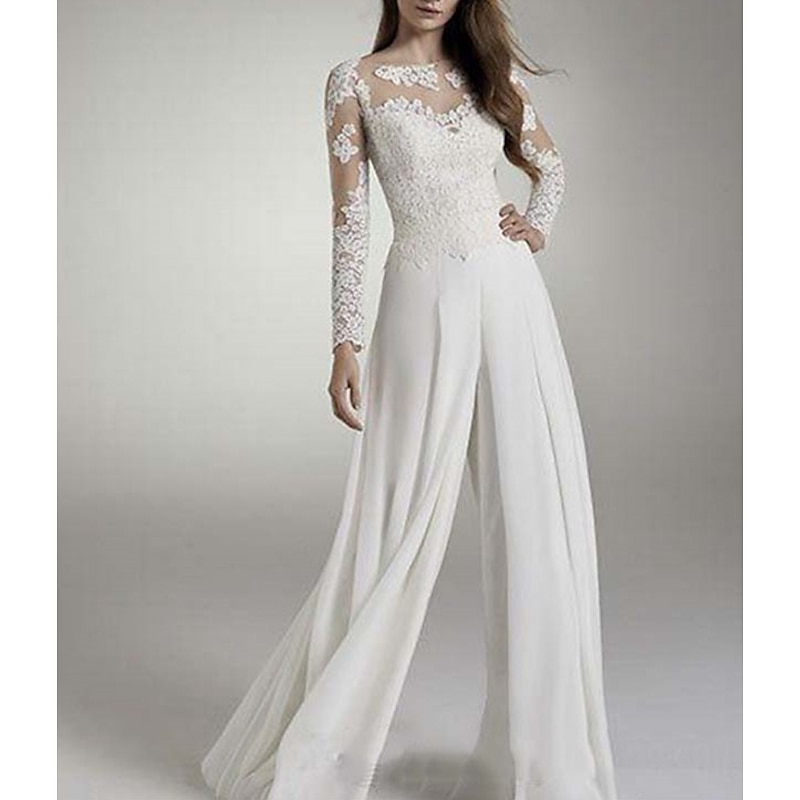 Beach Wedding Hall Casual Wedding Dresses Jumpsuits Illusion Neck Long Sleeve Floor Length Chiffon Bridal Gowns With Appliques2