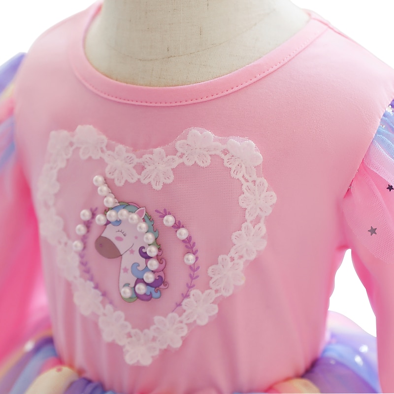 Kids Girls' Dress Unicorn Long Sleeve Lace Cute Polyester Midi Spring Fall & Winter Pink Blue4