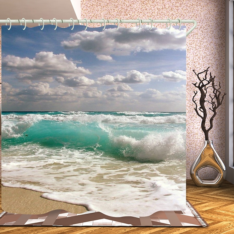 Shower Curtains with Hooks Waterproof 180cm*180cm(70"*70")White Clouds Waves Printing Modern Polyester3