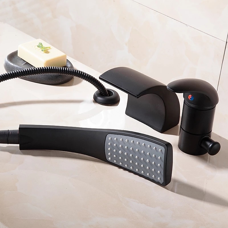 Bathtub Faucet - Contemporary Chrome Free Standing Ceramic Valve Bath Shower Mixer Taps / Two Handles Three Holes3