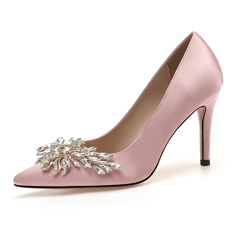 Women's Pink Satin High Heels – Elegant Rhinestone Embellished Pumps for Bride, Weddings, and Special Occasions