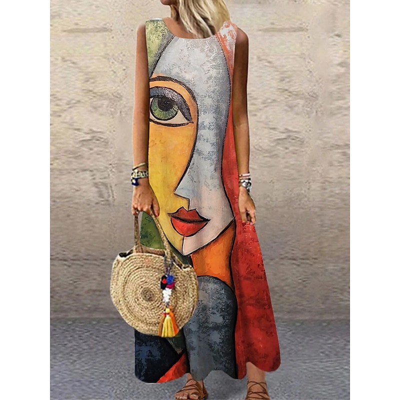 Women's Maxi Dress Casual Dress Sundress Shift Dress Modern Vacation Party Casual Regular Fit Color Block Abstract Sleeveless Crew Neck Yellow Blue Purple Orange