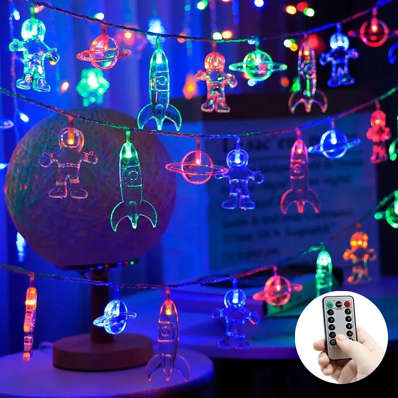LED String Lights 3M 20LEDs Space Astronaut Fairy String Lights USB or Battery Operated with Remote Control 8 Mode Waterproof Rocket Planet LED String Light Kid's Room Children's Day Family Party Holiday Decoration