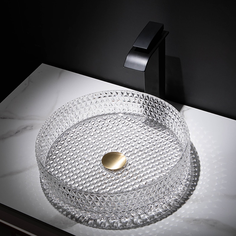 Bathroom Vessel Sink with Black Faucet, Modern Clear Tempered Glass Basin with Pop-Up Drain, Artistic Round Basin Bowl Set, Above Counter Vanity Sink