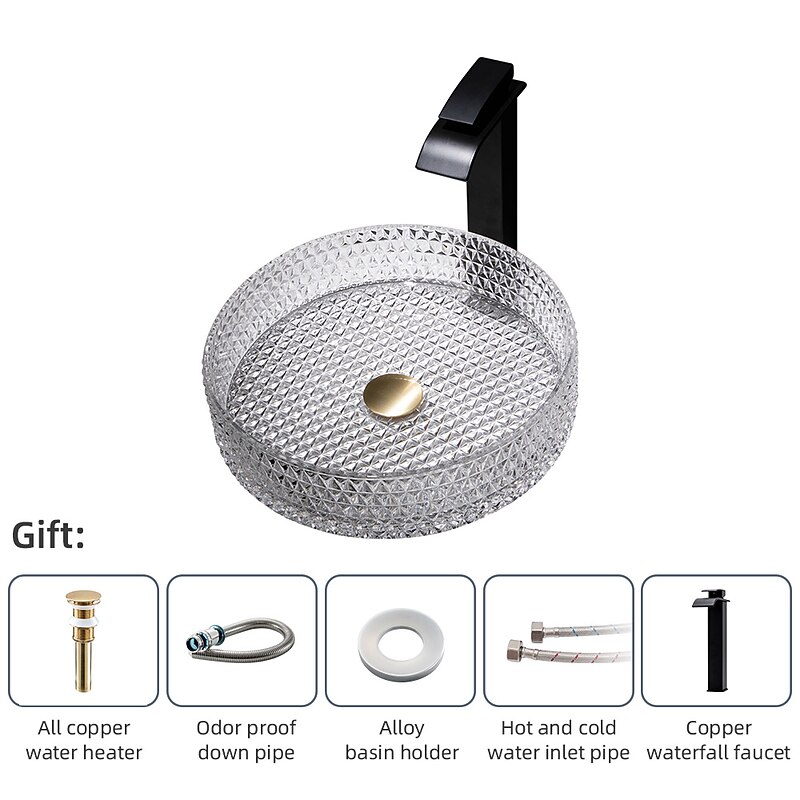 Bathroom Vessel Sink with Black Faucet, Modern Clear Tempered Glass Basin with Pop-Up Drain, Artistic Round Basin Bowl Set, Above Counter Vanity Sink3