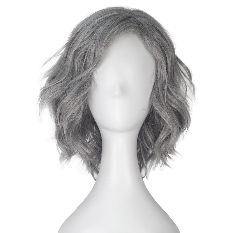 Unisex Short Wavy Volume Wavy Silver Gray Synthetic Cosplay Costume Wig Shoulder Long Halloween Hair
