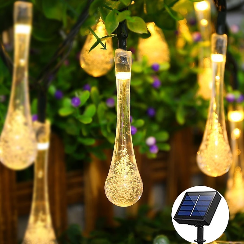 Outdoor Solar String Light Outdoor Waterproof Solar Waterdrop Fairy String Lights 7M 50LEDs Decorative Lamp Christmas Wedding Outdoor Garden Patio Lawn Decoration LED Solar Garden Light