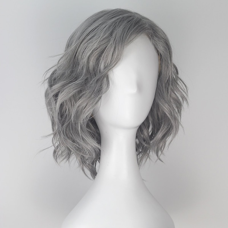 Unisex Short Wavy Volume Wavy Silver Gray Synthetic Cosplay Costume Wig Shoulder Long Halloween Hair3