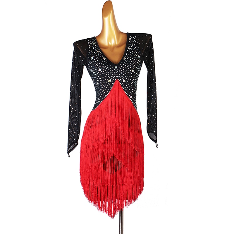 Latin Dance Dress Tassel Crystals / Rhinestones Women's Performance Long Sleeve Spandex