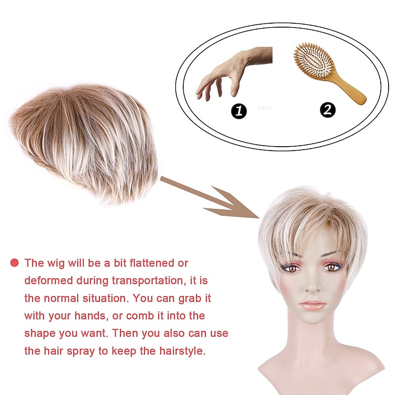 Short Pixie Cut Layered Wig with Bangs Synthetic Dark Roots Fluffy Full Replacement Hair for White Women Ash Blonde Lowlight with Root4