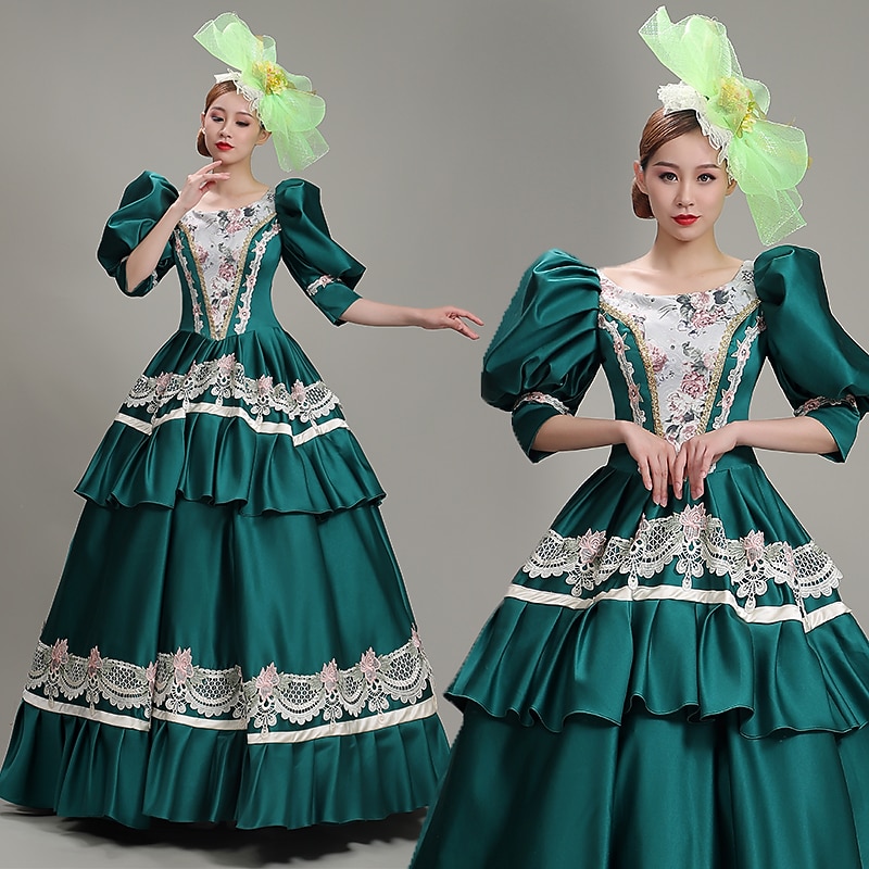 Rococo Victorian Renaissance Floor Length Party Costume Masquerade Prom Dress Plus Size Normal Puff Balloon Sleeve Flare Cuff Sleeve Princess Maria Antonietta Toile Vintage Ball Gown Stand Collar