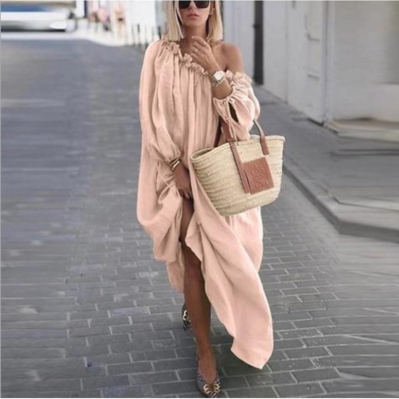 Women's Casual Dress Swing Dress Boho Dress Long Dress Maxi Dress Apricot Green Blue Long Sleeve Pure Color Ruched Winter Fall Spring One Shoulder Fashion Winter Dress Daily Vacation Loose Fit 2023 M2