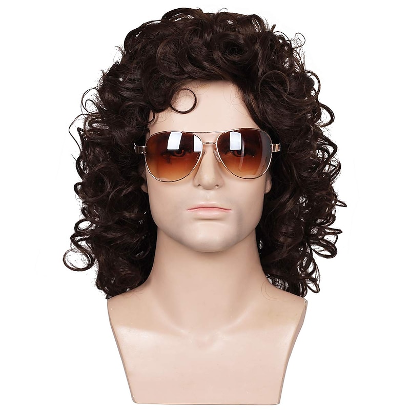 70s 80s costume wig rock wig Synthetic Wig Curly Layered Haircut Wig Short Brown Synthetic Hair Men's Cosplay Party Fashion Brown (Only Wig Without Glasses)