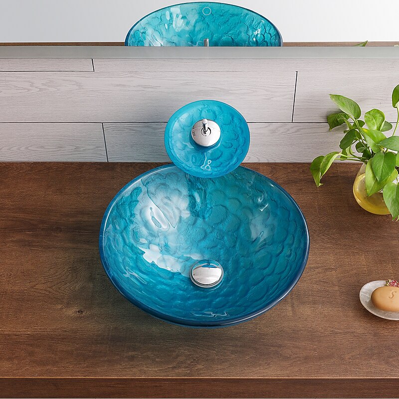 Bathroom Sink / Bathroom Faucet / Bathroom Mounting Ring Vanity Wash Basin - Tempered Glass Round Vessel Sink4