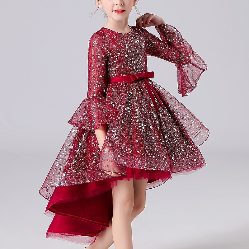 Kids Girls' Dress Sequin Long Sleeve Party Birthday Graduation Sparkle Princess Sweet Polyester Midi 4-13 Years Red Blue3