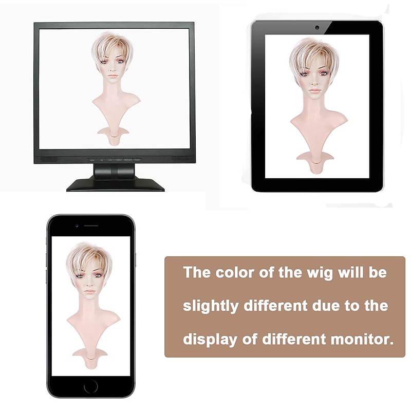 Short Pixie Cut Layered Wig with Bangs Synthetic Dark Roots Fluffy Full Replacement Hair for White Women Ash Blonde Lowlight with Root3