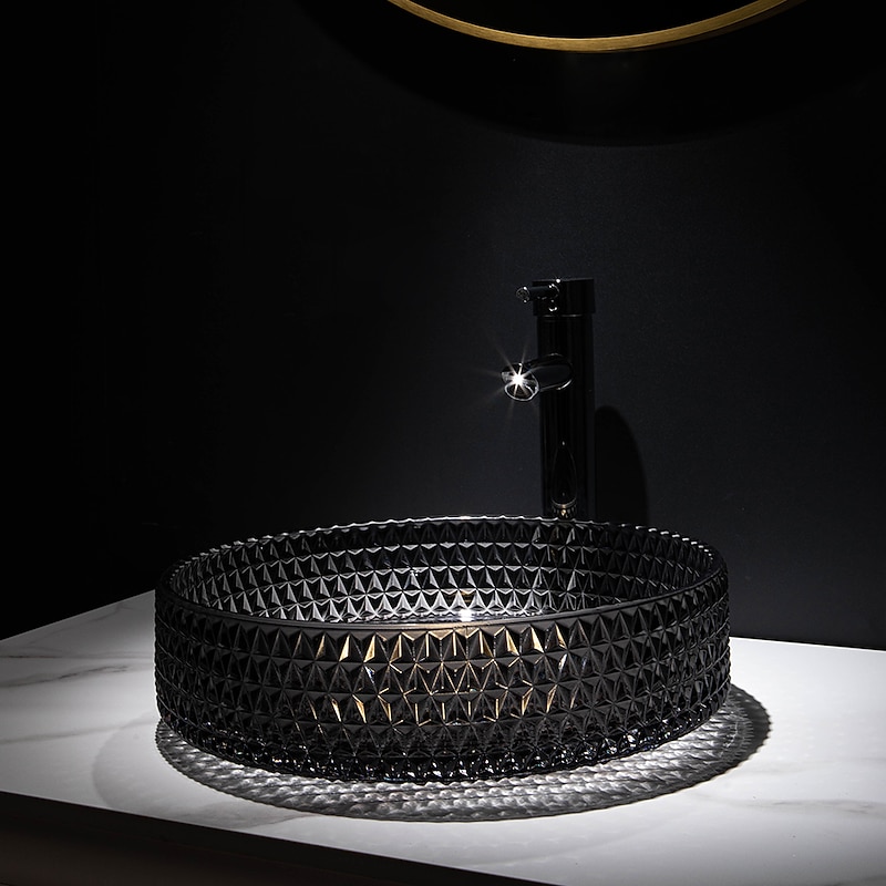 Bathroom Vessel Sink with Chrome Faucet,Wash Basin Glass Countertop Cylinder Wash Basin Hand Washbasin Worktop Installation Glass Basin Set with Chrome Brass Tap 9