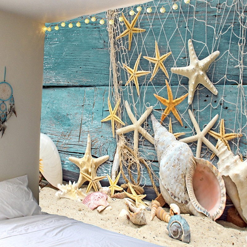Beach Wall Tapestry Wall Hanging Art Deco Blanket Curtain Hanging at Home Bedroom Living Room Decoration Starfish Fishing Net3
