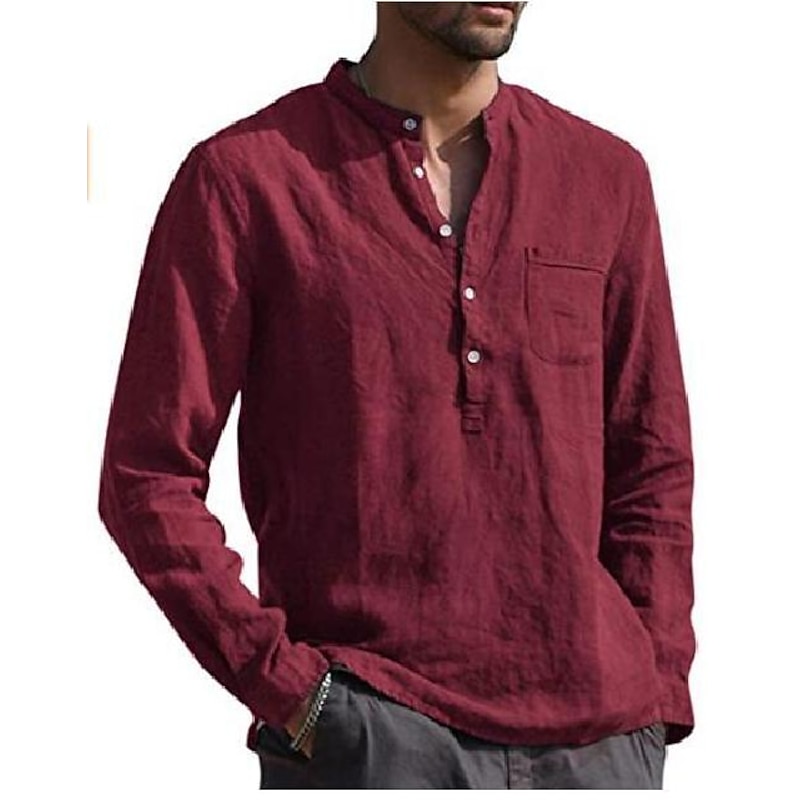 Men's Shirt Linen Shirt Band Collar Shirt Summer Shirt Beach Wear Solid Color Street Hawaiian Light Blue Black White Red Wine Long Sleeve Collar Clothing Apparel4