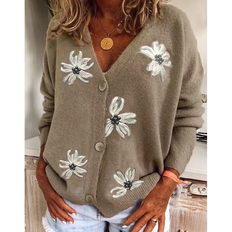 Women's Normal Sweater Cardigan Sweater Stylish Chic & Modern Casual Floral Maillard V Neck Embroidered Knitted Long Sleeve Knit Daily Holiday Red Green Spring Fall3