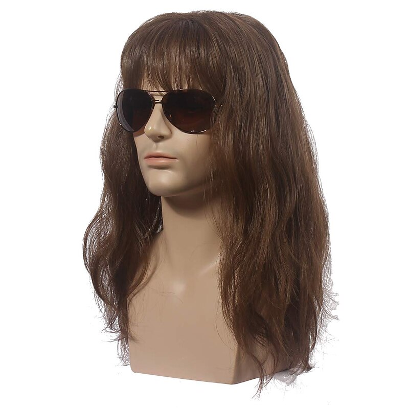70s 80s Costume Wig Rock Wig Synthetic Wig Curly Neat Bang Wig Medium Length Brown Synthetic Hair Men's Cosplay Party Fashion Brown (Only Wig Without Glasses)4